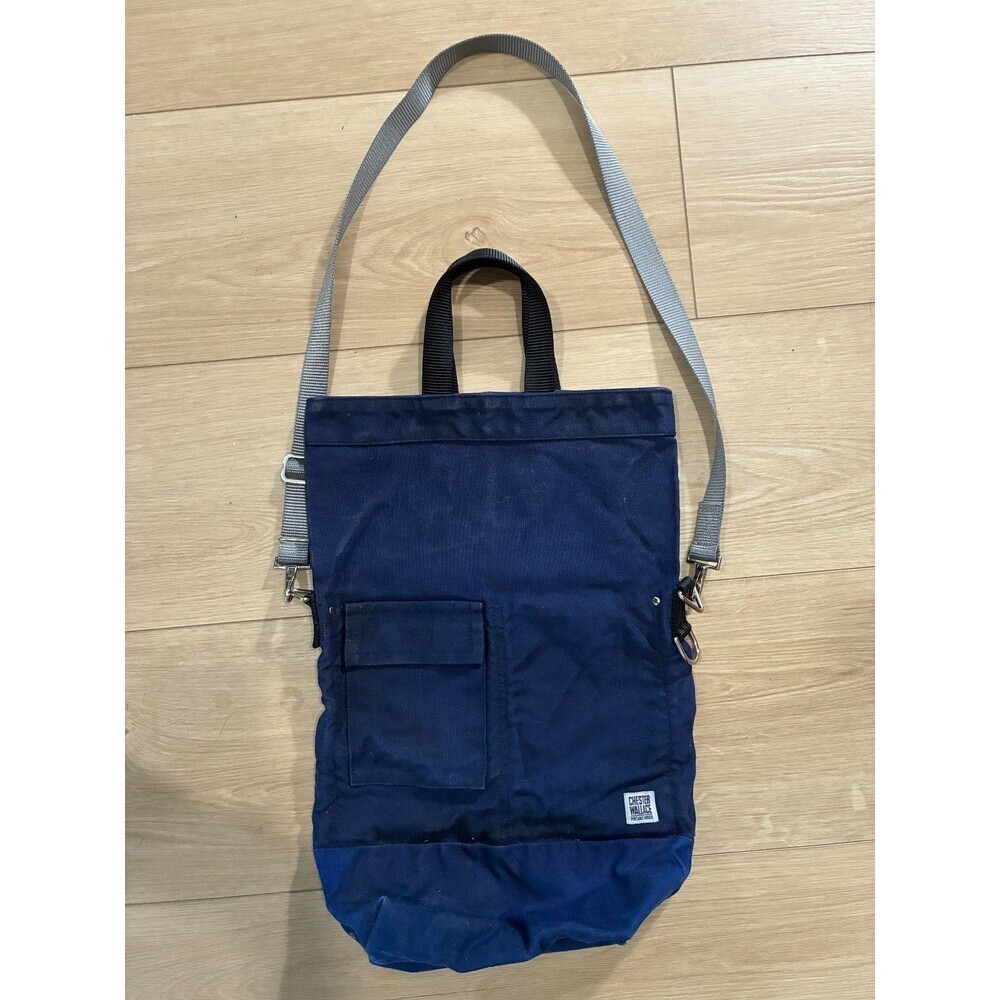 Vintage Chester Wallace Waxed Canvas Tote Navy Blue Shoulder Crossbody 24" USA
